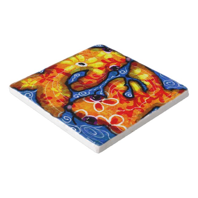 Whimsical Koi Fish Abstract Art Blue Orange Floral Trivet (Corner)
