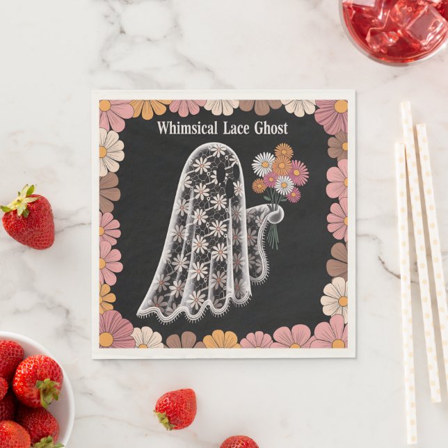 Whimsical Lace Ghost Illustration with Floral  Napkins (Insitu)