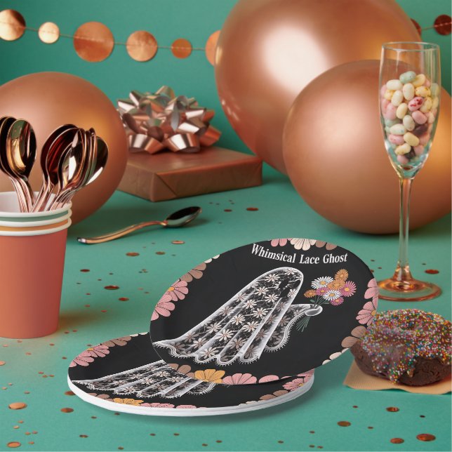 Whimsical Lace Ghost Illustration with Floral  Paper Plates (Multi)