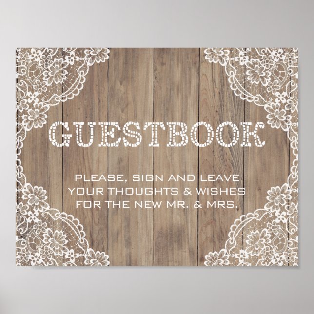 Whimsical Lace Old  Barn Wedding Guestbook Sign (Front)
