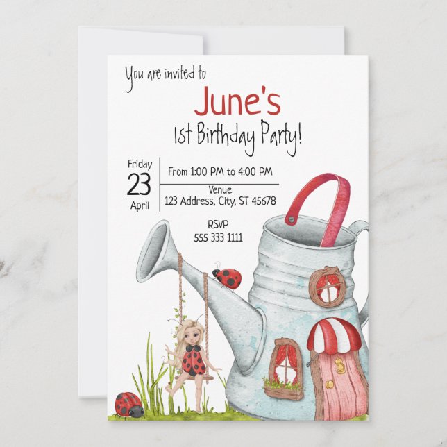 Whimsical LadyBug 1st Birthday Invitation (Front)