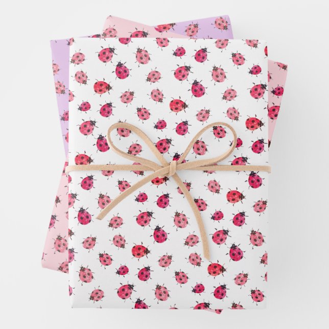 Whimsical Ladybug Art Hand-Illustrated Watercolor Wrapping Paper Sheets (In situ)