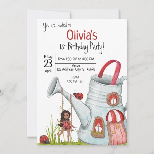 Whimsical LadyBug Garden House Swing 1st Birthday  Invitation