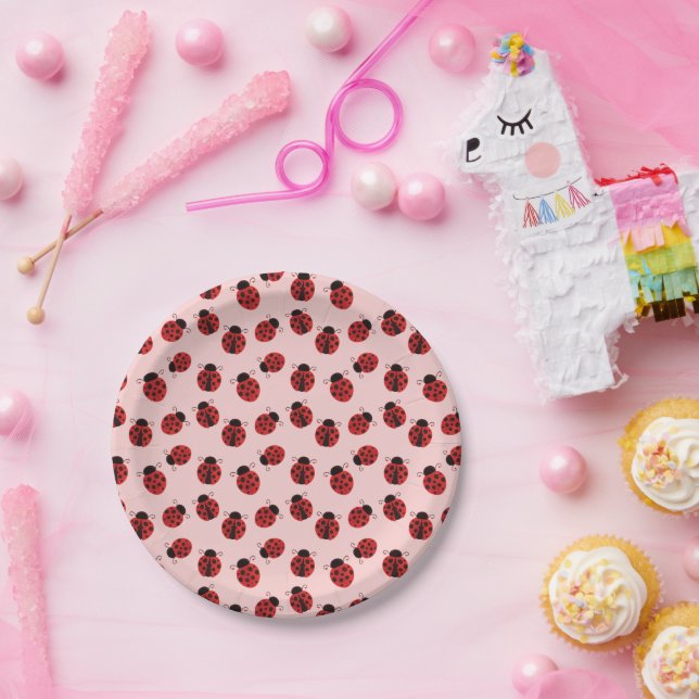 Whimsical Ladybug Pattern on Pink Paper Plates (Party)