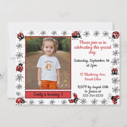 Whimsical Ladybug Photo Birthday Invitation