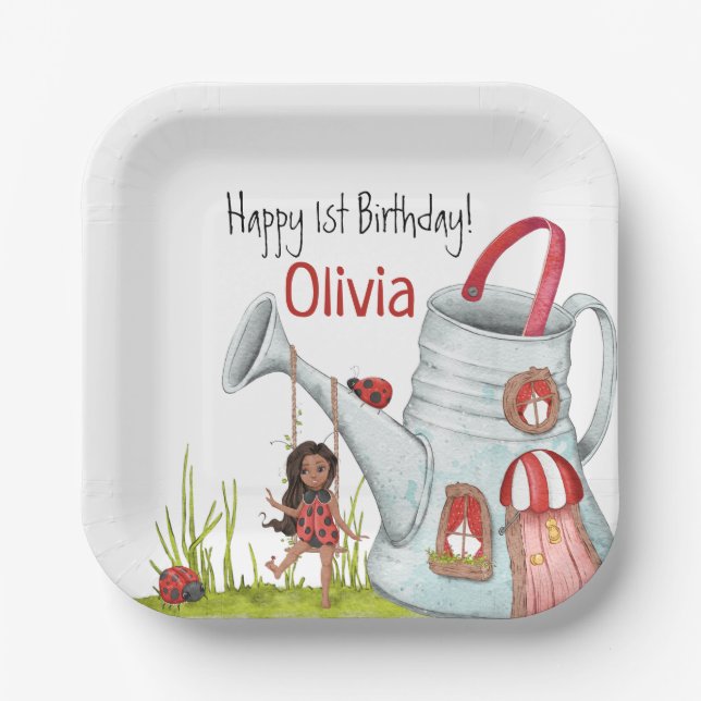 Whimsical LadyBug Swing Garden House 1st Birthday Paper Plates (Front)