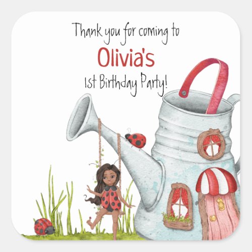 Whimsical LadyBug Swing Garden House 1st Birthday Square Sticker