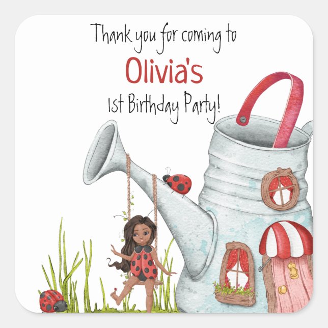 Whimsical LadyBug Swing Garden House 1st Birthday Square Sticker (Front)
