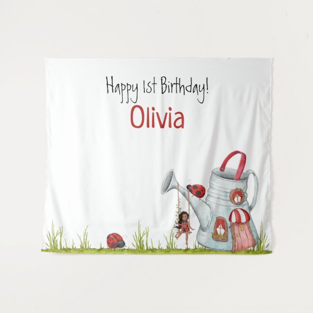Whimsical LadyBug Swing Garden House 1st Birthday Tapestry (Front (Horizontal))