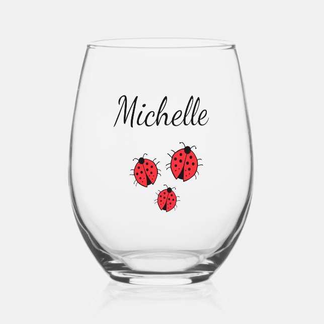 Whimsical Ladybugs Illustration Cute Personalized  Stemless Wine Glass (Front)
