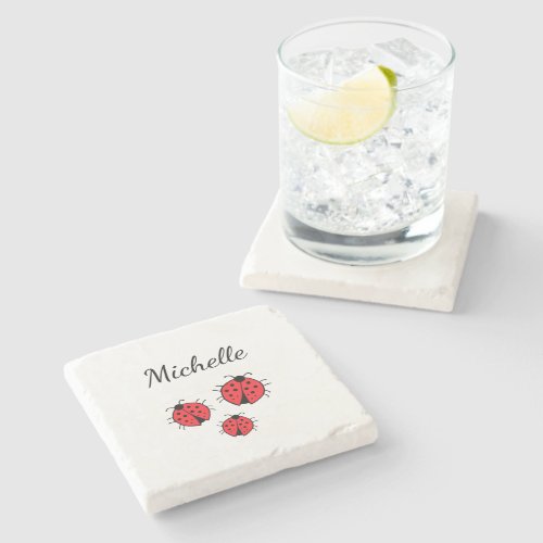 Whimsical Ladybugs Illustration Cute Personalized  Stone Coaster