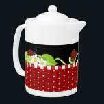 Whimsical Ladybugs on Strawberry flowers Teapot<br><div class="desc">COLOR PALETTE: red, white, yellow, black, lime green DESIGN COLLECTION: This absolutely adorable lady bug design is perfect for the ladybug collector. The design is a red background with white polka dots. Over that is a border with a black background, red and white checkerboard, checkered border with whimsical white strawberry...</div>
