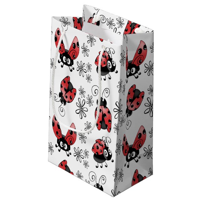 Whimsical Ladybugs With Flowers Small Gift Bag (Back Angled)