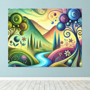 Whimsical Landscape with Swirling Trees and River Canvas Print
