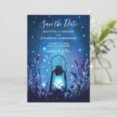 Whimsical Lantern and Fireflies Blue Save the Date (Standing Front)