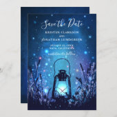 Whimsical Lantern and Fireflies Blue Save the Date (Front/Back)