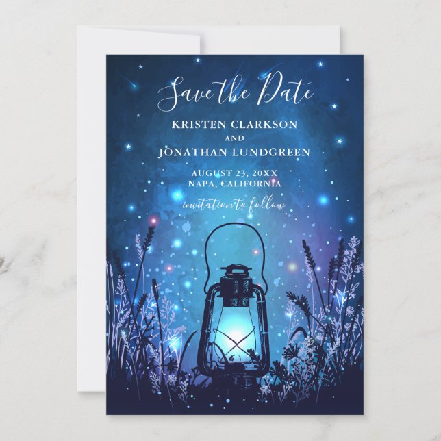 Whimsical Lantern and Fireflies Blue Save the Date (Front)