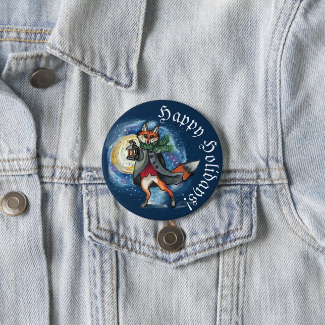 Whimsical Lantern Fox in the Snow-Holiday Button (In Situ)