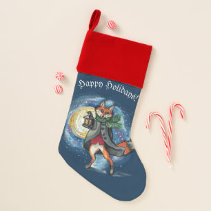 Whimsical Lantern Fox in the Snow-Holiday Christmas Stocking