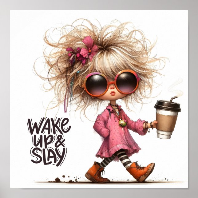 Whimsical Latte Girl Wake Up & Slay Motivational Poster (Front)