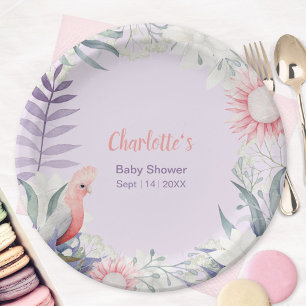 Whimsical Lavender Floral Bird Baby Shower Paper Plates