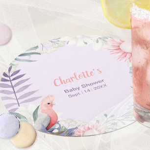 Whimsical Lavender Floral Bird Baby Shower Round Paper Coaster