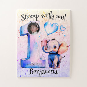 Whimsical Lavender Pink Elephant 1st Birthday Jigsaw Puzzle