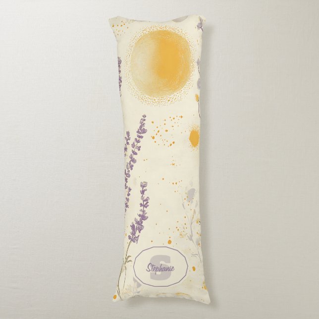 Whimsical Lavender & Yellow Floral Pattern Body Pillow (Front Vertical)