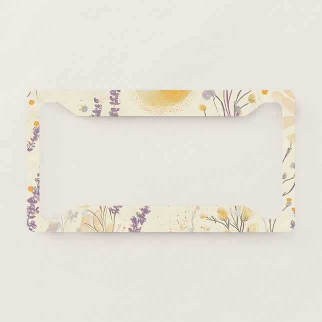 Whimsical Lavender & Yellow Floral Pattern License Plate Frame (Front)