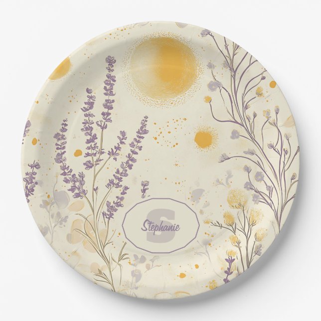 Whimsical Lavender & Yellow Floral Pattern Paper Plates (Front)