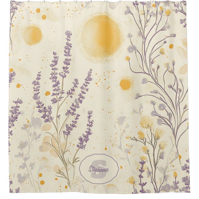 Whimsical Lavender & Yellow Floral Pattern Shower Curtain (Front)