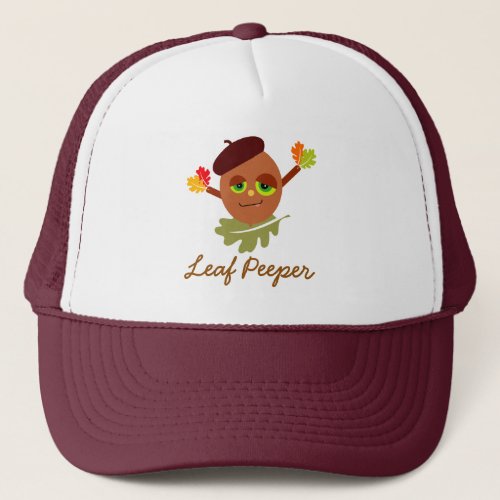 Whimsical Leaf Peeper Acorn Cartoon Trucker Hat