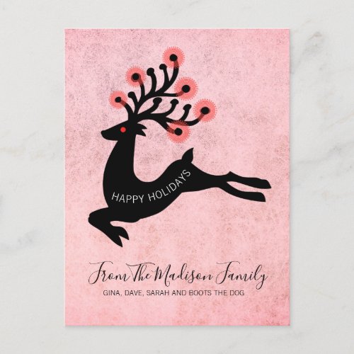 Whimsical Leaping Reindeer Illuminated Antlers Holiday Postcard