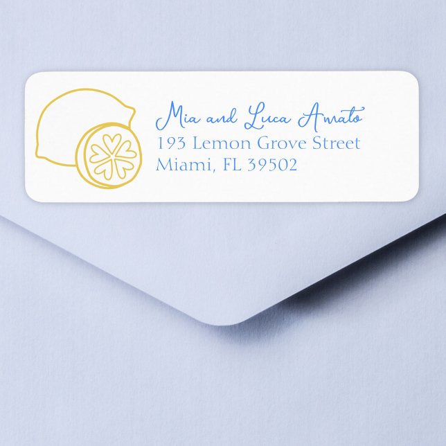 Whimsical Lemon Chic Citrus Mediterranean Wedding Label (Effortlessly chic address labels perfect for your Mediterranean-themed wedding invitations.)