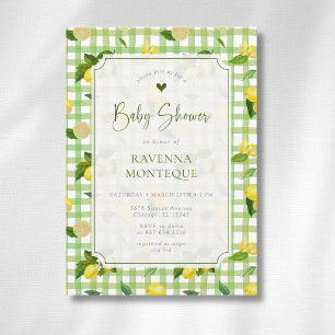 Whimsical Lemon Citrus Green Checkered Baby Shower Invitation