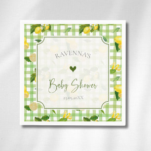 Whimsical Lemon Citrus Green Checkered Baby Shower Napkins