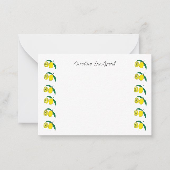 Whimsical Lemon Fruit Border Custom Name Note Card (Front)