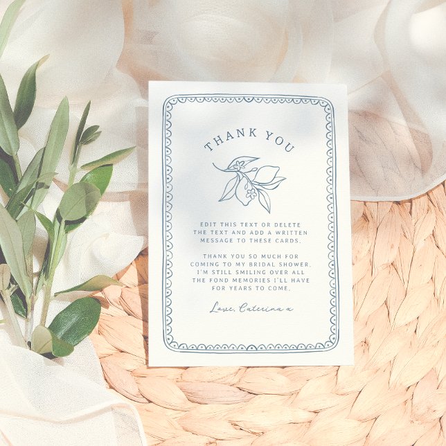 Whimsical Lemon Illustration | Blue Bridal Shower Thank You Card (Creator Uploaded)