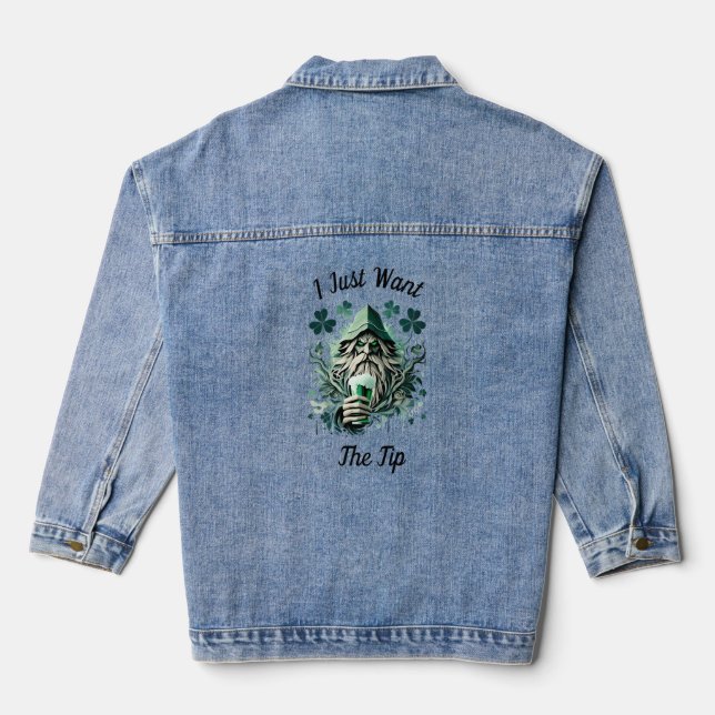 Whimsical Leprechaun Savoring A Brew Denim Jacket (Back)
