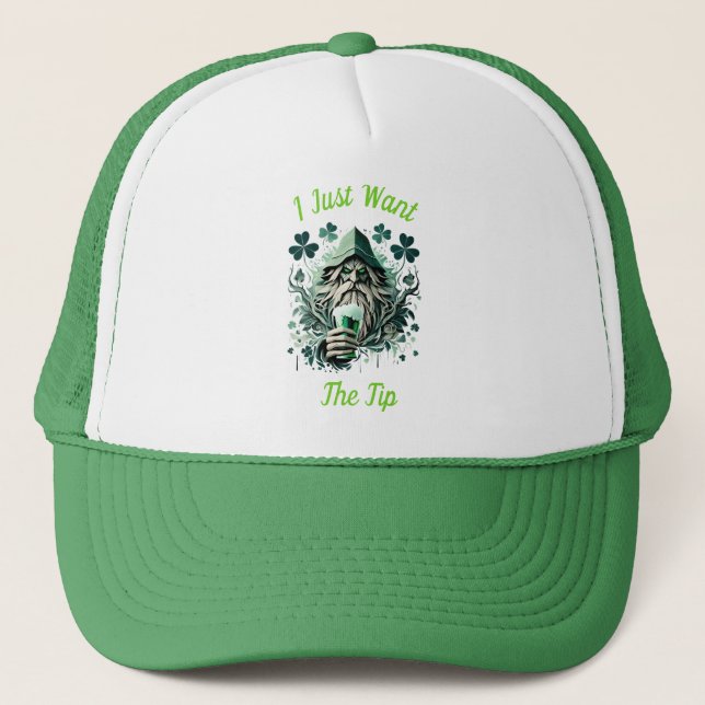 Whimsical Leprechaun Savoring A Brew Trucker Hat (Front)