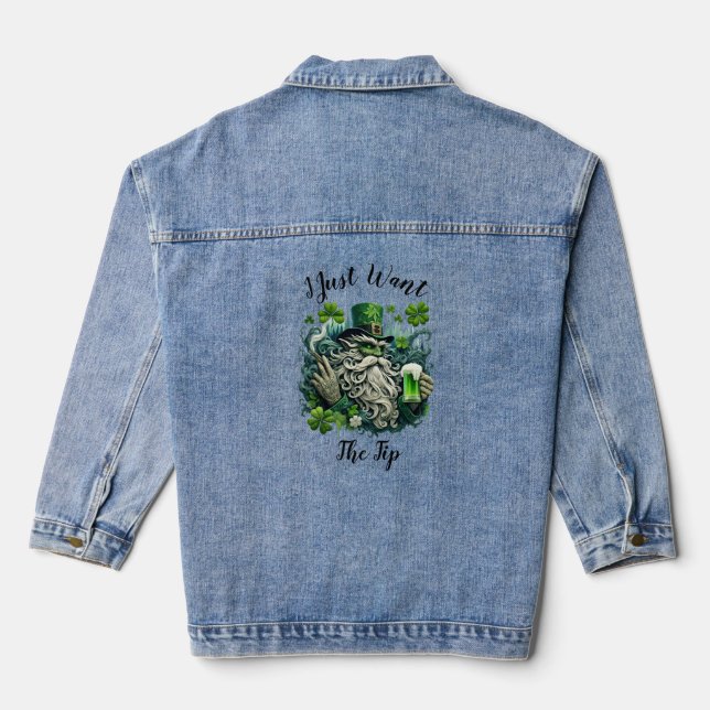 Whimsical Leprechaun Savoring A Cold One Denim Jacket (Back)