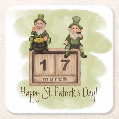 Whimsical Leprechauns St Patricks Day Square Paper Coaster