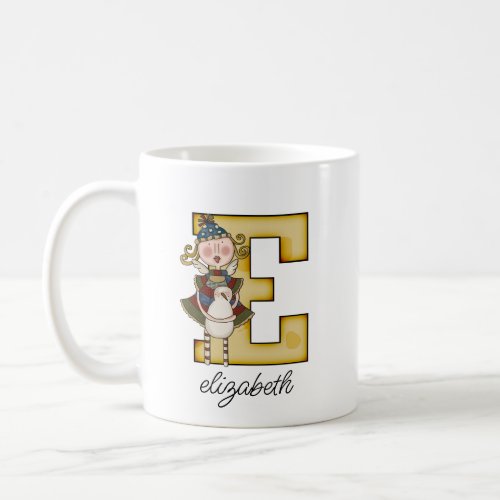 Whimsical Letter E with Snow Angel and Name  Coffee Mug