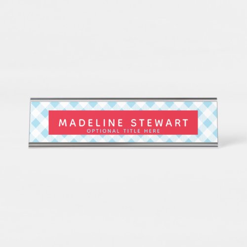 Whimsical Light Blue Gingham Red Personalized Desk Name Plate