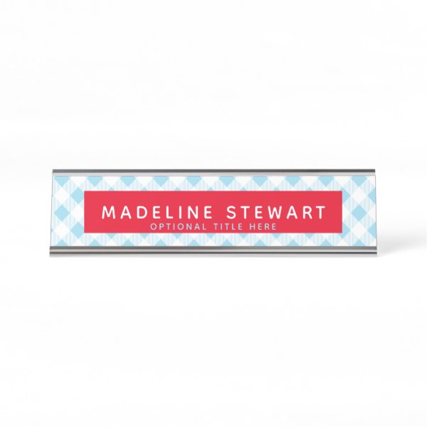 Whimsical Light Blue Gingham Red Personalized Desk Name Plate Custom Products