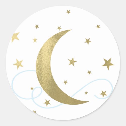 Whimsical Light Blue  Gold Moon Stars Baby Shower Classic Round Sticker