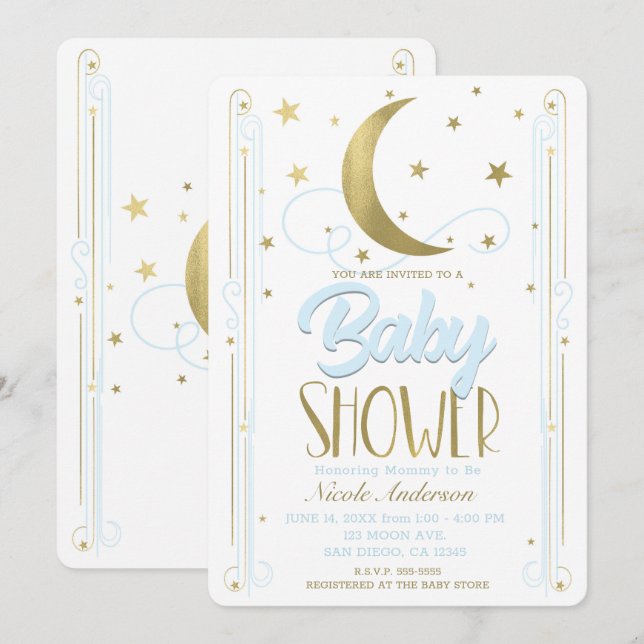 Whimsical Light Blue & Gold Moon Stars Baby Shower Invitation (Front/Back)