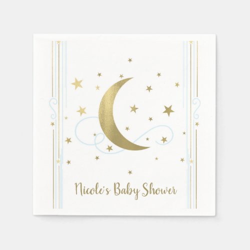 Whimsical Light Blue  Gold Moon Stars Baby Shower Napkins