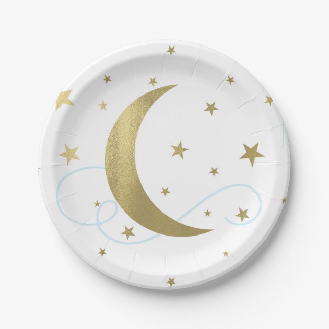 Whimsical Light Blue & Gold Moon Stars Baby Shower Paper Plates (Front)