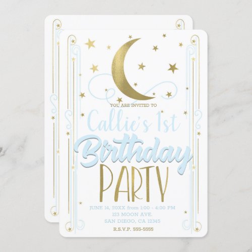 Whimsical Light Blue Gold Moon Stars Birthday Invitation